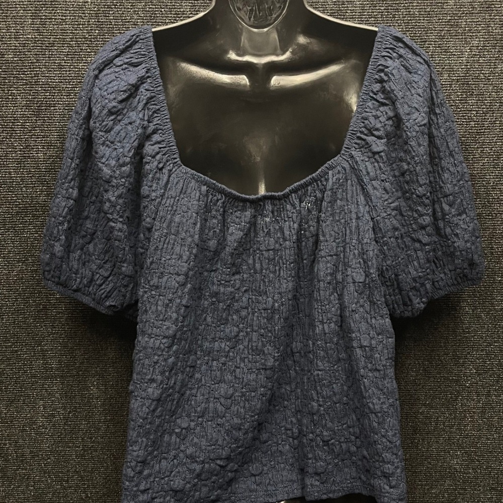 Old Navy Womens XL Navy Blue Textured Lace Puff Sleeve Square Neck Blouse‎ Top - Picture 2 of 4